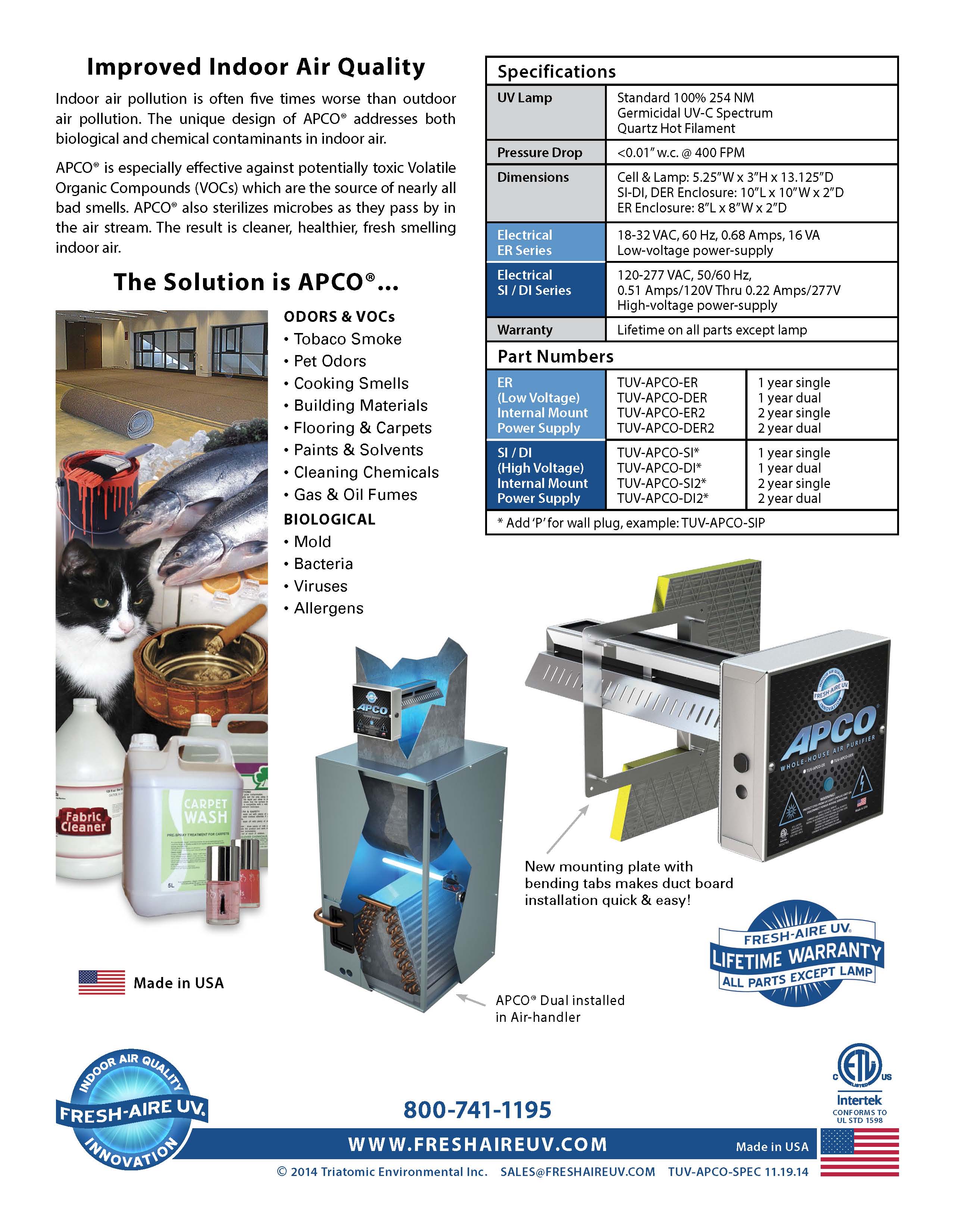 Fresh-Aire UV APCO Whole House Air Purifier 2-Year Lamp Warranty TUV-APCO-ER2